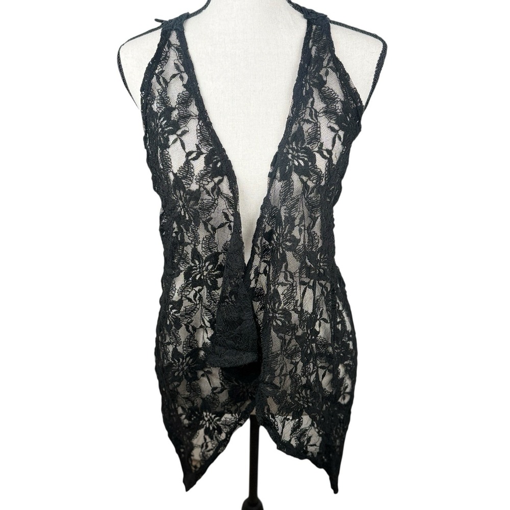 Daytrip Black Lace Crochet Vest Cardigan Kimono Boho Festival Size Small